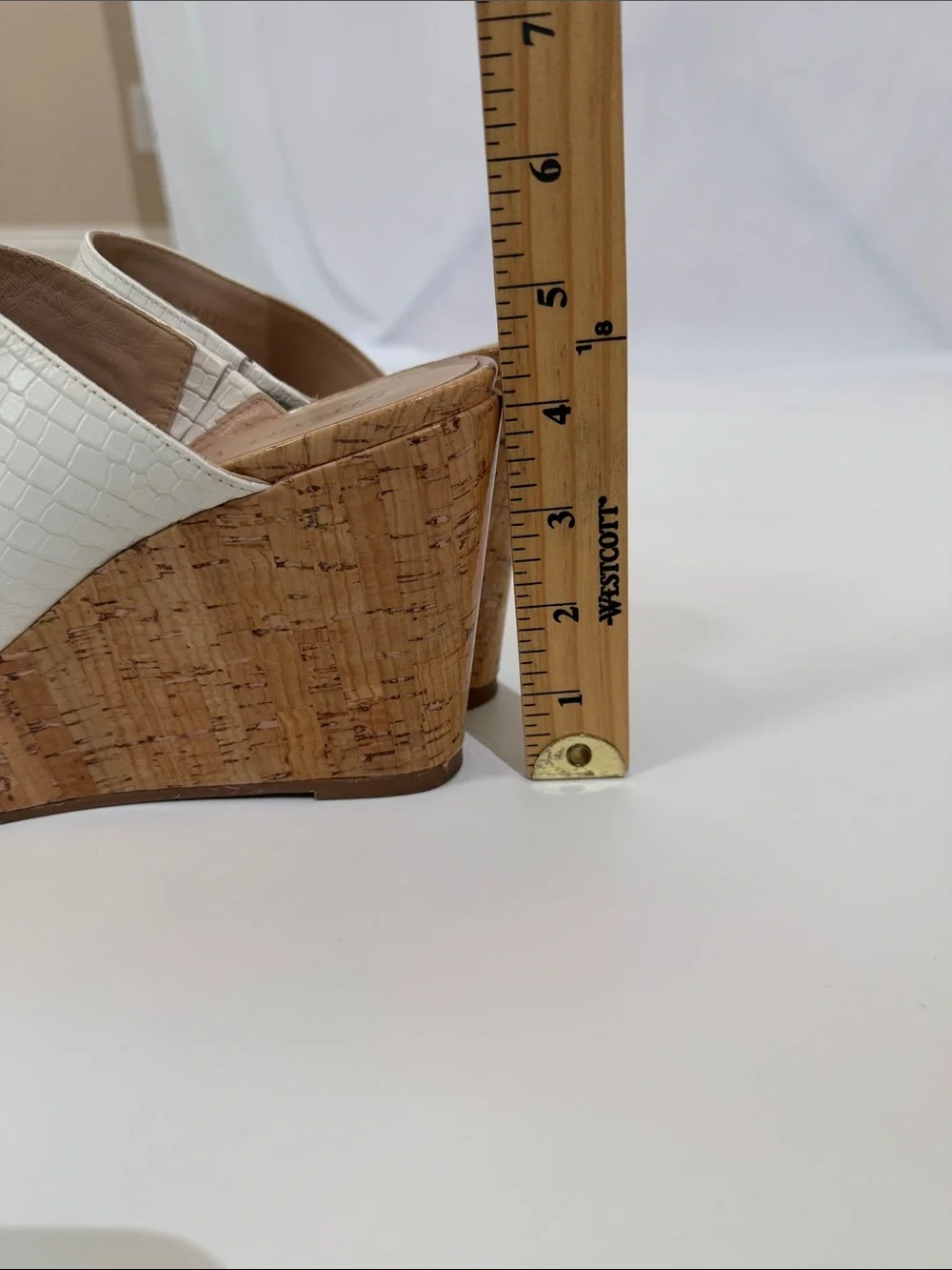 Stuart Weitzman High Heel Cork Wedge Slide Size 8 White Croc Embossed - Picture 9 of 9